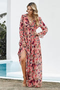 Women's Maxi Dress - Floral Print - V-neck with Ruffles - Long Sleeves - Fitted Waist