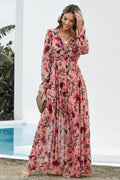 Women's Maxi Dress - Floral Print - V-neck with Ruffles - Long Sleeves - Fitted Waist