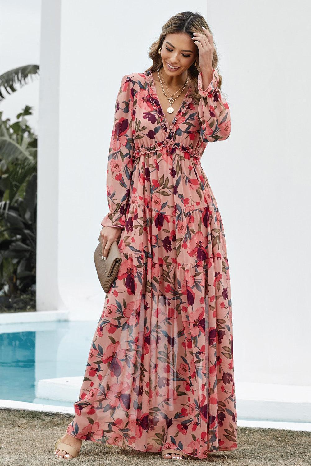 Women's Maxi Dress - Floral Print - V-neck with Ruffles - Long Sleeves - Fitted Waist