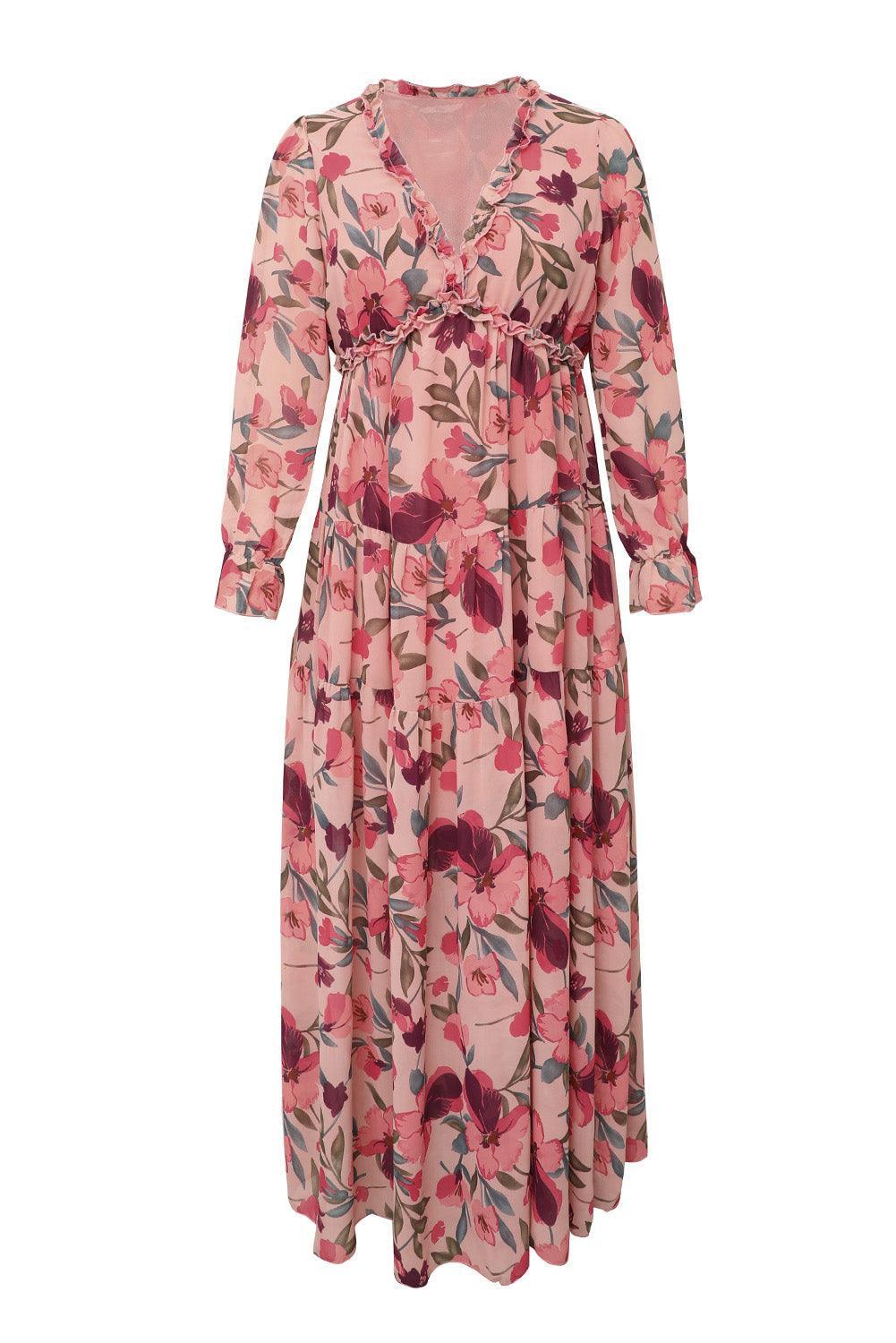 Women's Maxi Dress - Floral Print - V-neck with Ruffles - Long Sleeves - Fitted Waist
