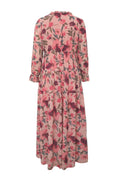 Women's Maxi Dress - Floral Print - V-neck with Ruffles - Long Sleeves - Fitted Waist