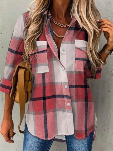 Cotton Blend Relaxed Fit Plaid Blouse