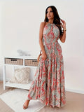Women's Maxi Dress - Halterneck - Flowy A-line - Paisley Pattern