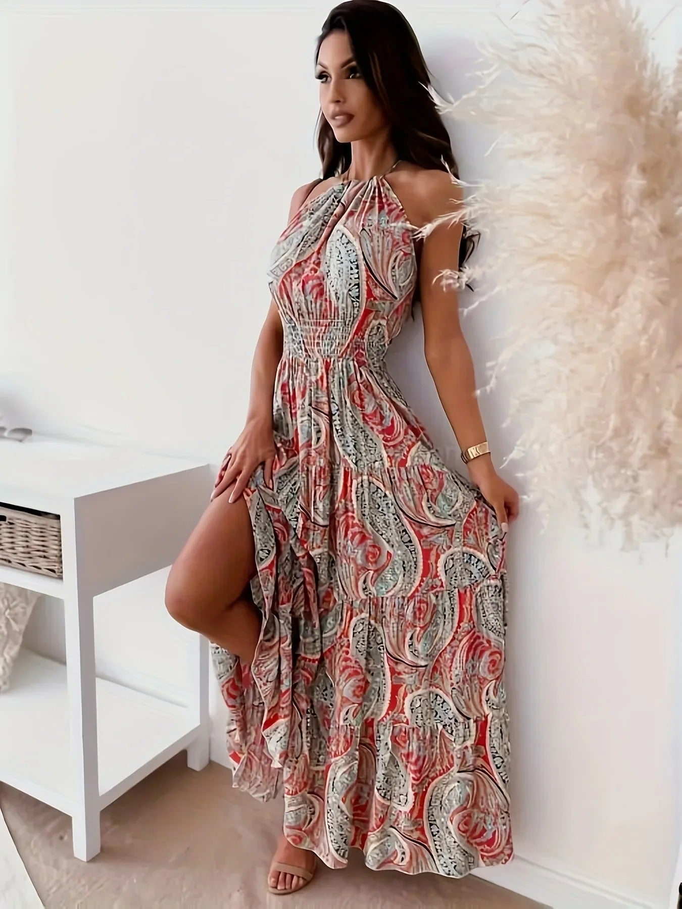 Women's Maxi Dress - Halterneck - Flowy A-line - Paisley Pattern