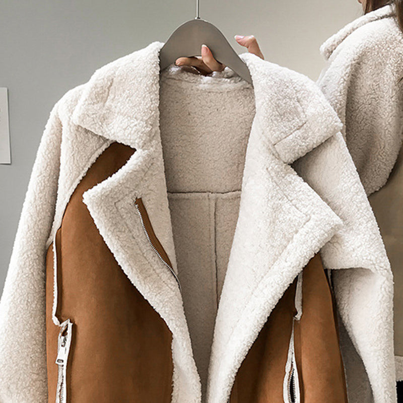 Women's Shearling Jacket - Oversized Fit - Suede Look - Zipper Closure - Warm and Stylish