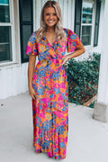 Women's Maxi Dress - V-neck - Short Sleeves - Floral - Light and Airy