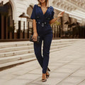 Women's Jumpsuit – Tailored Fit – V-Neck – Short Sleeves – Belt and Button Details