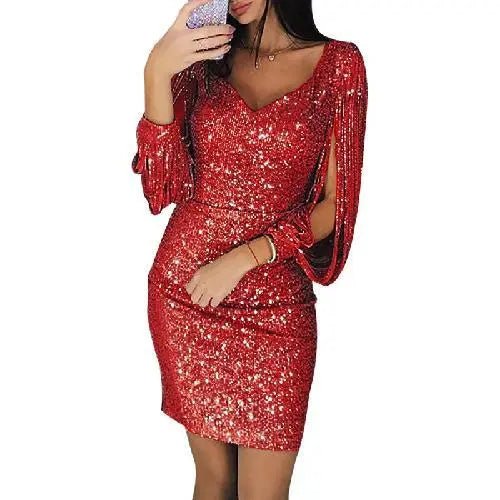 Sequin Draped Sleeve Bodycon Dress