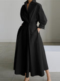 Women's Dress - Long-Sleeved Midi - Tailored Fit - Split Skirt with Collar and Buttons