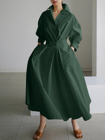 Long-Sleeved Collared Button Split Skirt Dress