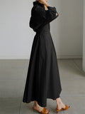 Women's Dress - Long-Sleeved Midi - Tailored Fit - Split Skirt with Collar and Buttons