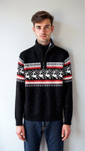 Men's Knit Sweater – Half Zipper – Wool Blend – Nordic Pattern – Ribbed Edges