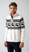 Men's Knit Sweater – Half Zipper – Wool Blend – Nordic Pattern – Ribbed Edges