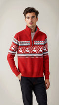 Men's Knit Sweater – Half Zipper – Wool Blend – Nordic Pattern – Ribbed Edges