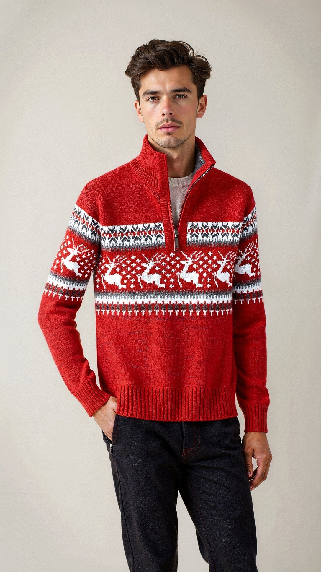 Men's Knit Sweater – Half Zipper – Wool Blend – Nordic Pattern – Ribbed Edges