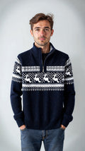 Men's Knit Sweater – Half Zipper – Wool Blend – Nordic Pattern – Ribbed Edges