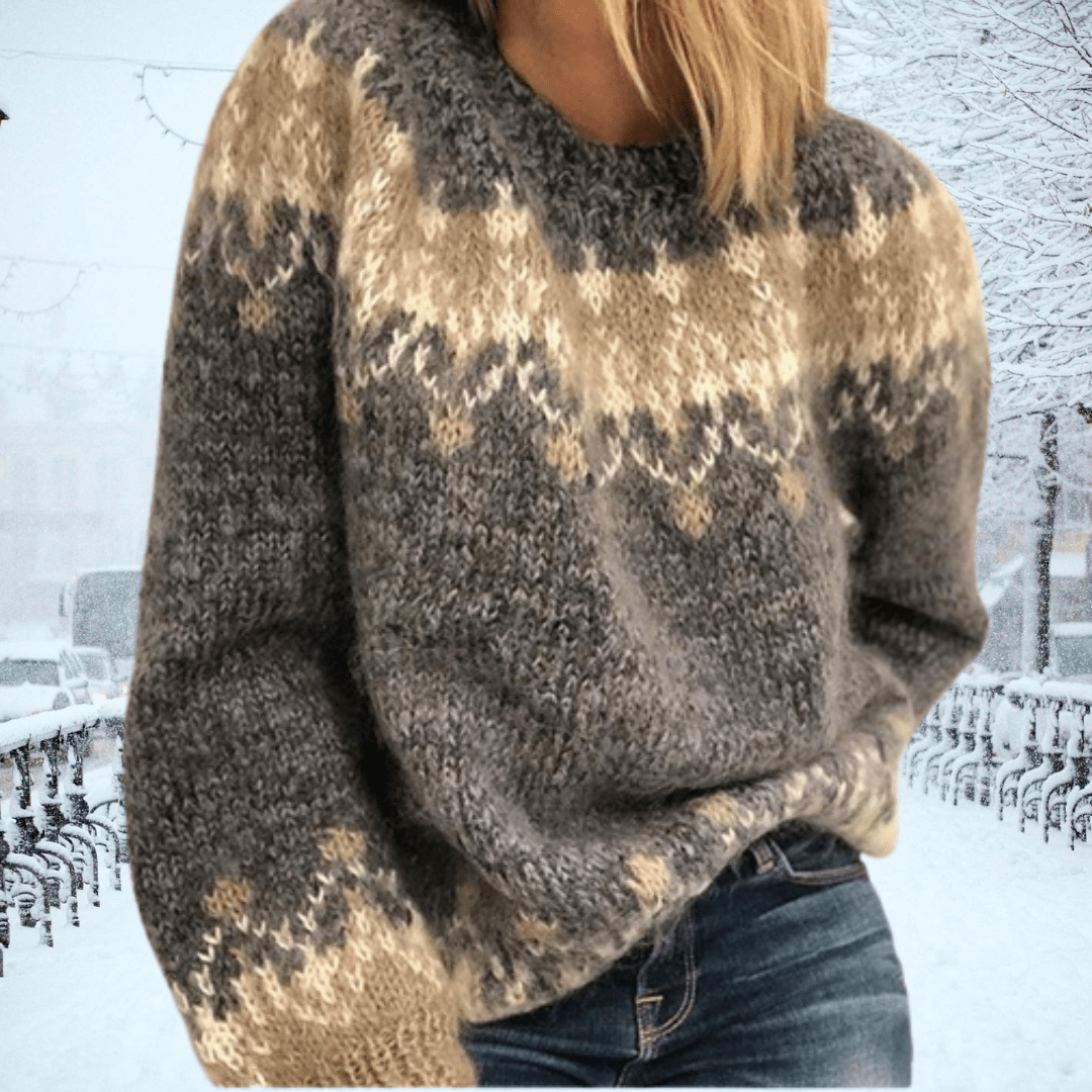 Women's Knit Sweater – Wool Blend – Oversize Fit – Round Neck – Nordic Pattern