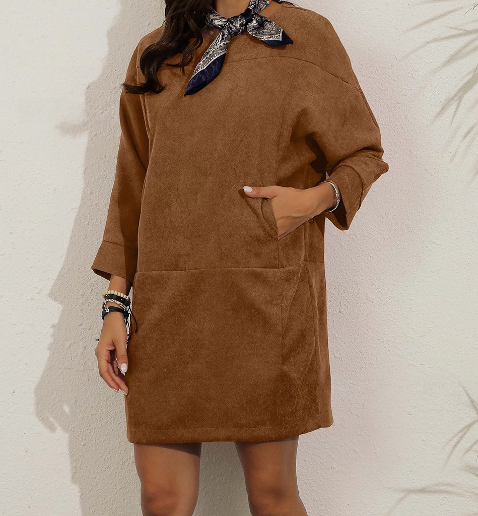 Women's Dress – Corduroy – Loose Fit – Knee-Length – Long Sleeves – Round Neck
