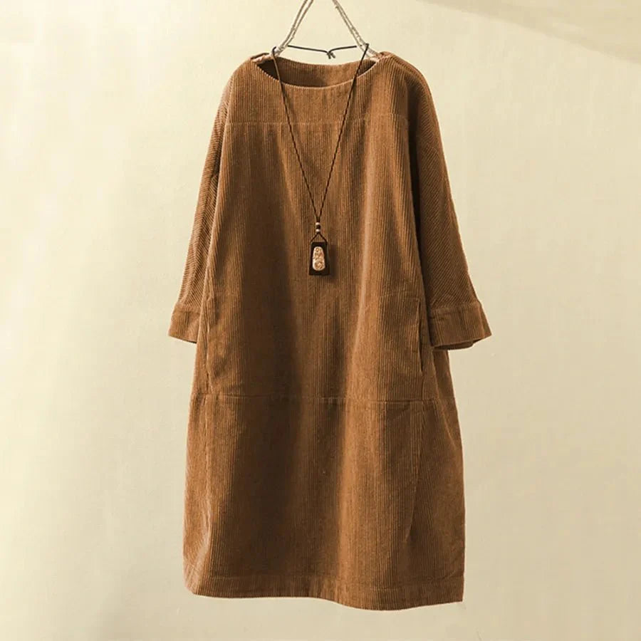 Women's Dress – Corduroy – Loose Fit – Knee-Length – Long Sleeves – Round Neck