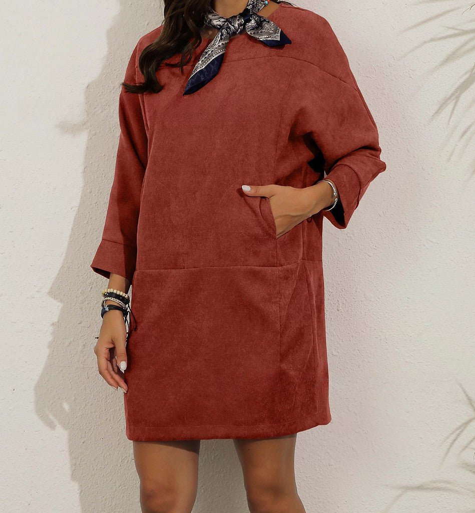 Women's Dress – Corduroy – Loose Fit – Knee-Length – Long Sleeves – Round Neck