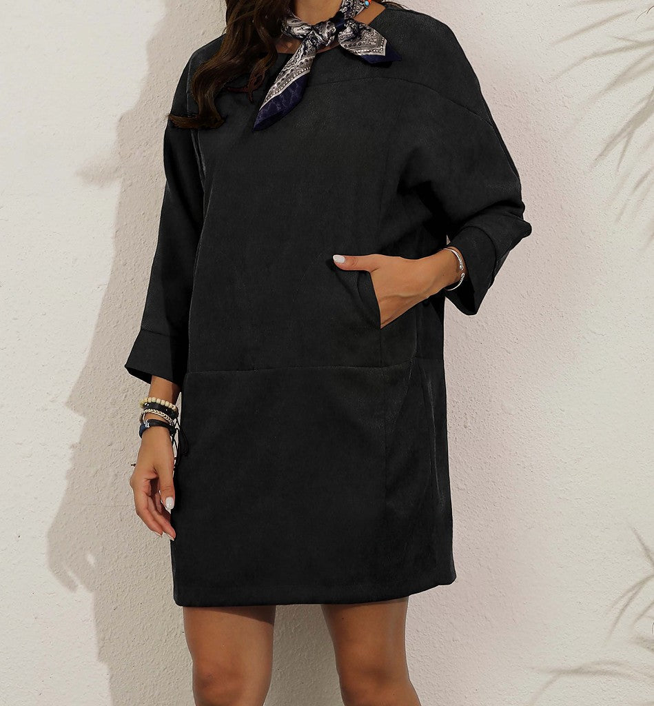 Women's Dress – Corduroy – Loose Fit – Knee-Length – Long Sleeves – Round Neck