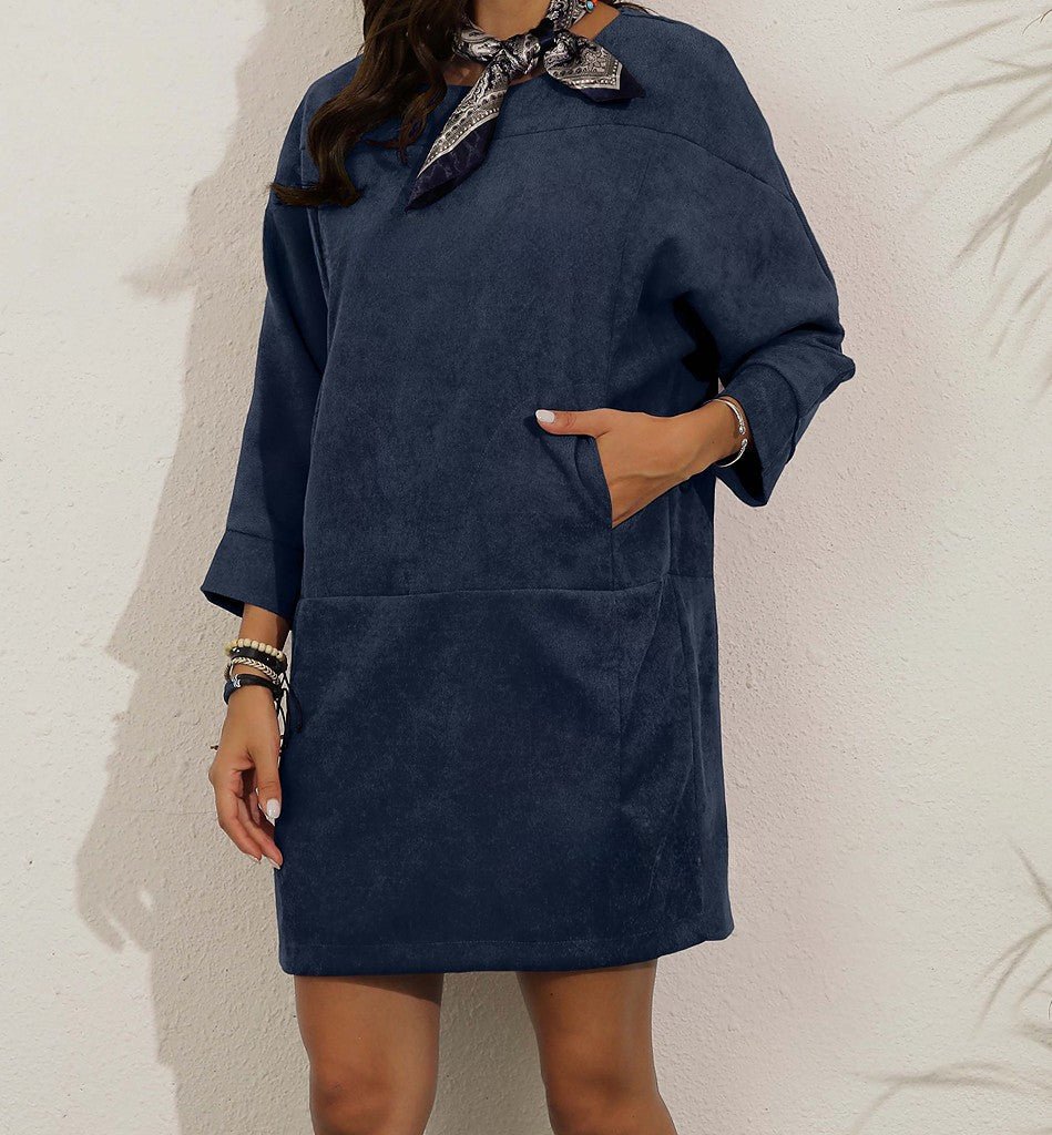 Women's Dress – Corduroy – Loose Fit – Knee-Length – Long Sleeves – Round Neck