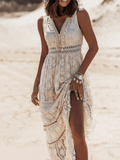 Women's Maxi Dress – Bohemian Fit – V-Neck – High Slit – Lace and Embroidery