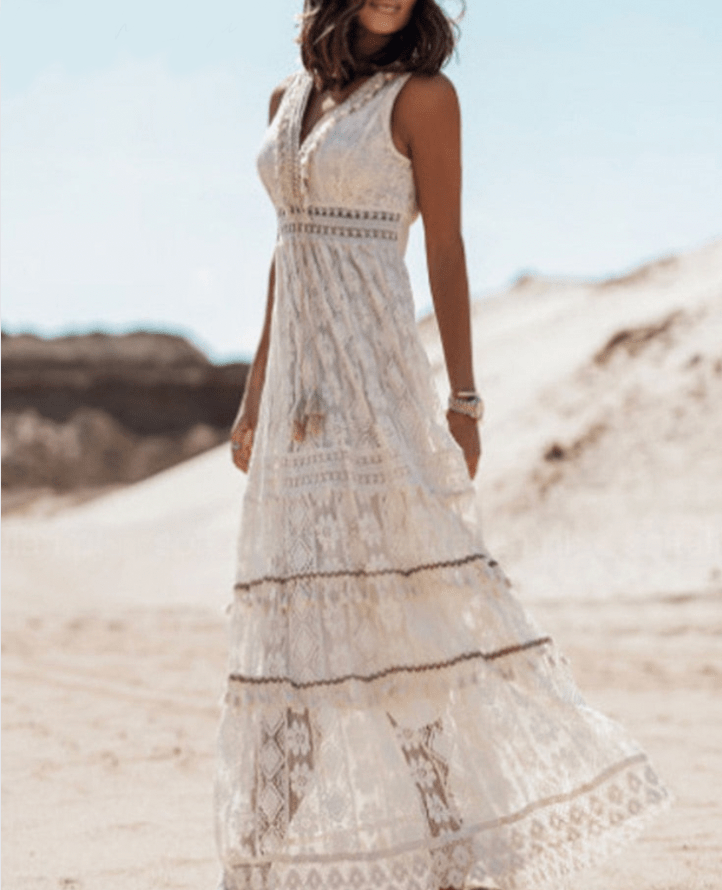 Women's Maxi Dress – Bohemian Fit – V-Neck – High Slit – Lace and Embroidery