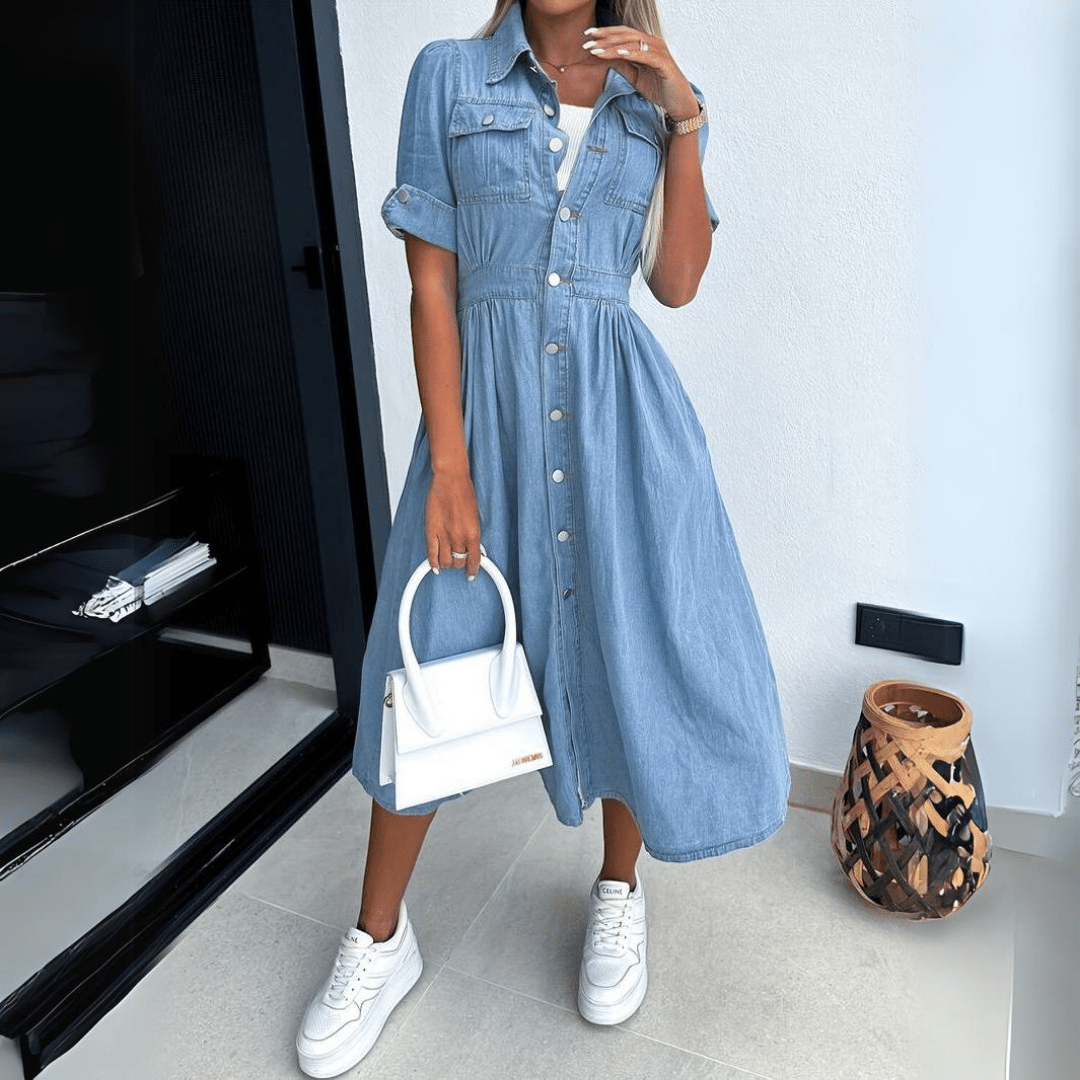 Denim Tapered Waist Midi Shirt Dress
