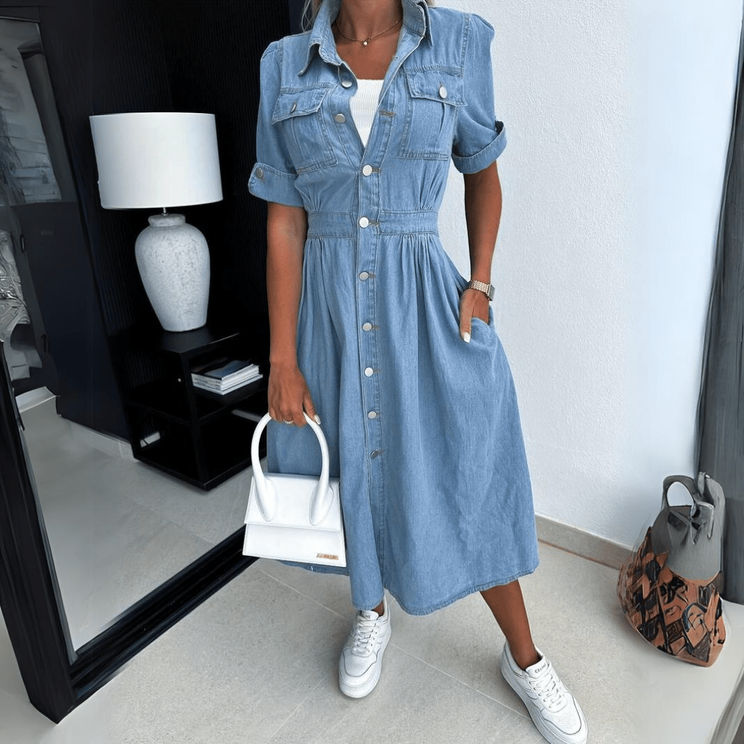 Denim Tapered Waist Midi Shirt Dress