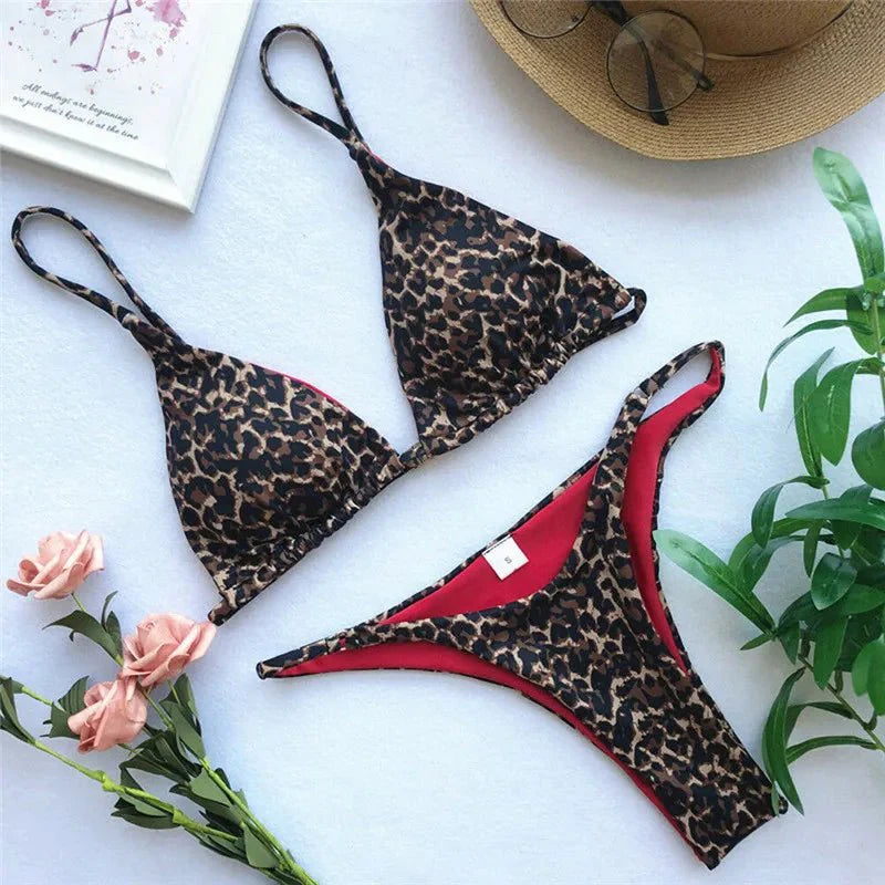 Women's Bikini Set – Trident Top – High-Cut Bottom – Adjustable Straps – Leopard Print