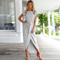Women's Maxi Dress - Light and Airy - Tie at Waist - Asymmetric Slit