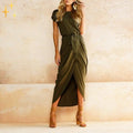 Women's Maxi Dress - Light and Airy - Tie at Waist - Asymmetric Slit