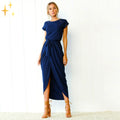 Women's Maxi Dress - Light and Airy - Tie at Waist - Asymmetric Slit