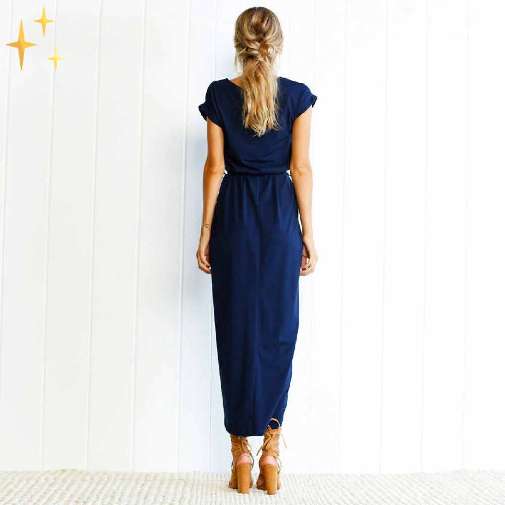 Women's Maxi Dress - Light and Airy - Tie at Waist - Asymmetric Slit