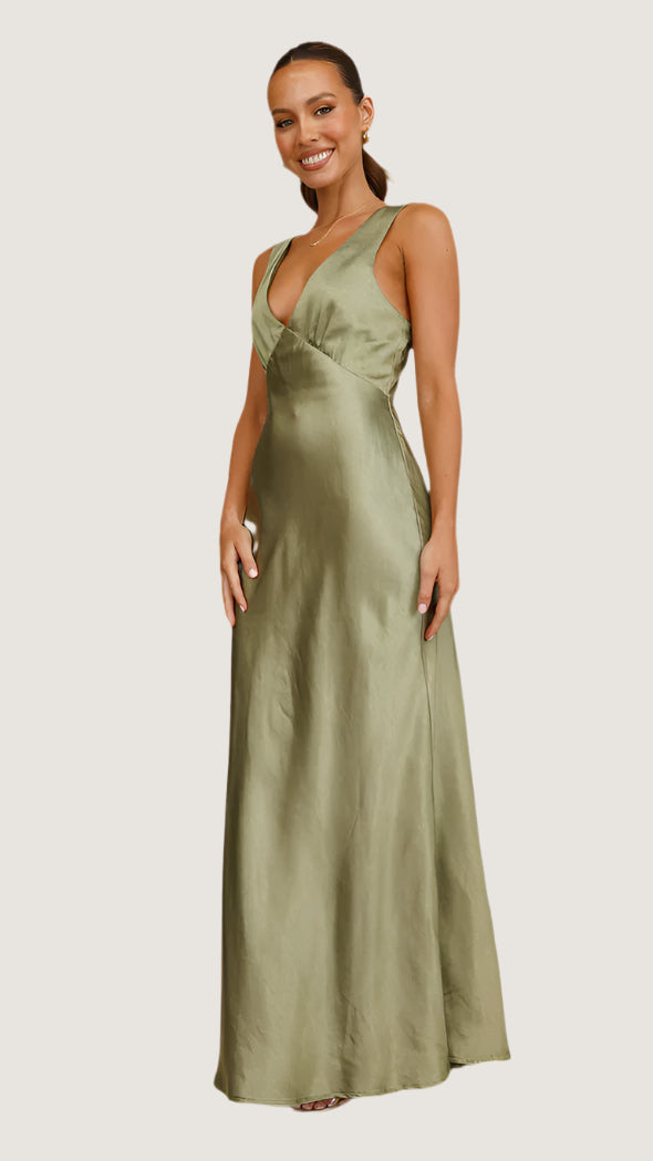 Women's Dress - Satin Evening Dress - Slim Fit - Sleeveless - V-Neck
