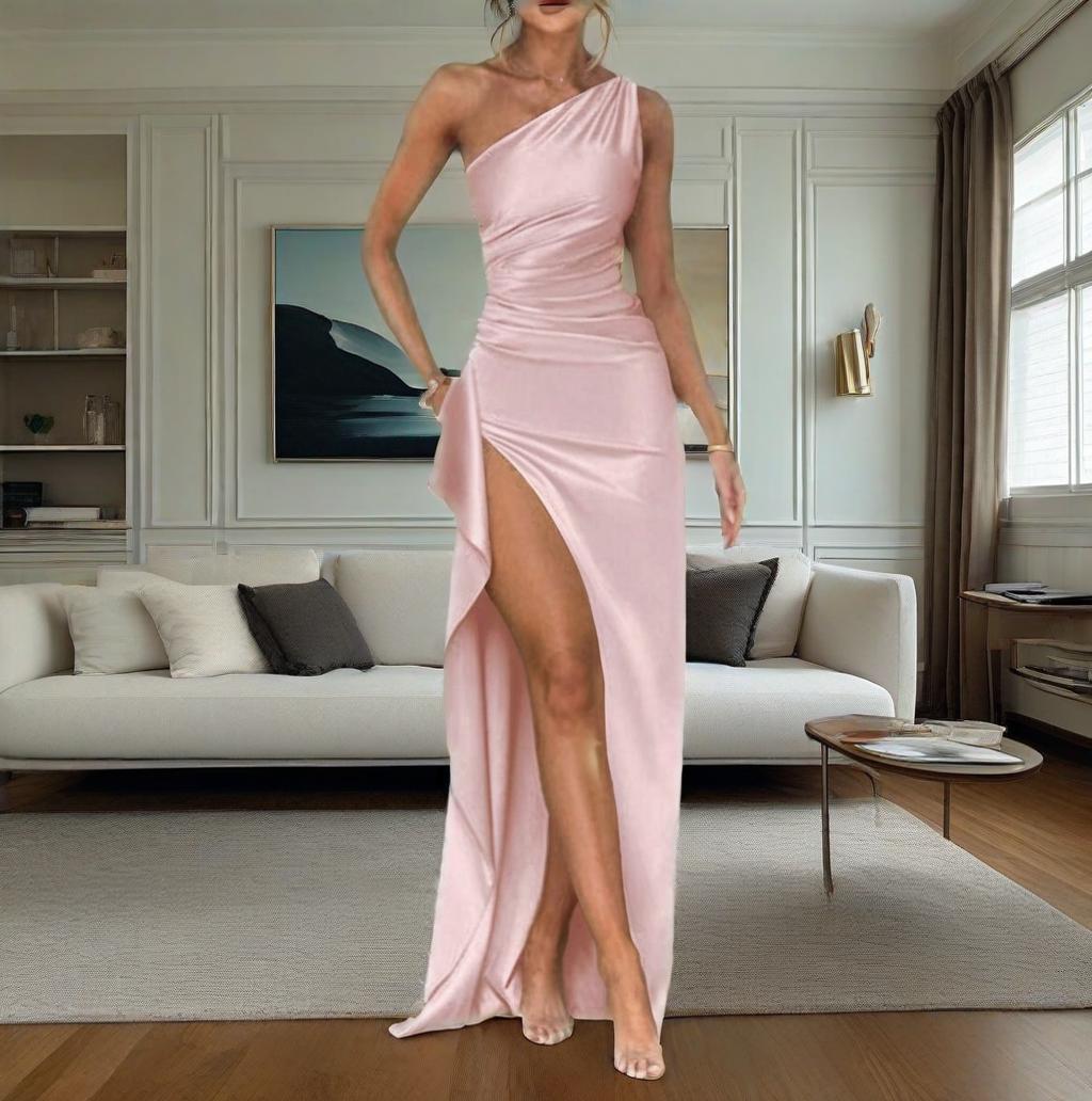 Ladies' Evening Dress - Elegance with One Shoulder - Floor-length Draping - High Slit Glamour