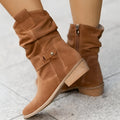 Women's Boots - Suede - Ruched Design - Low Heel - Comfortable and Stylish