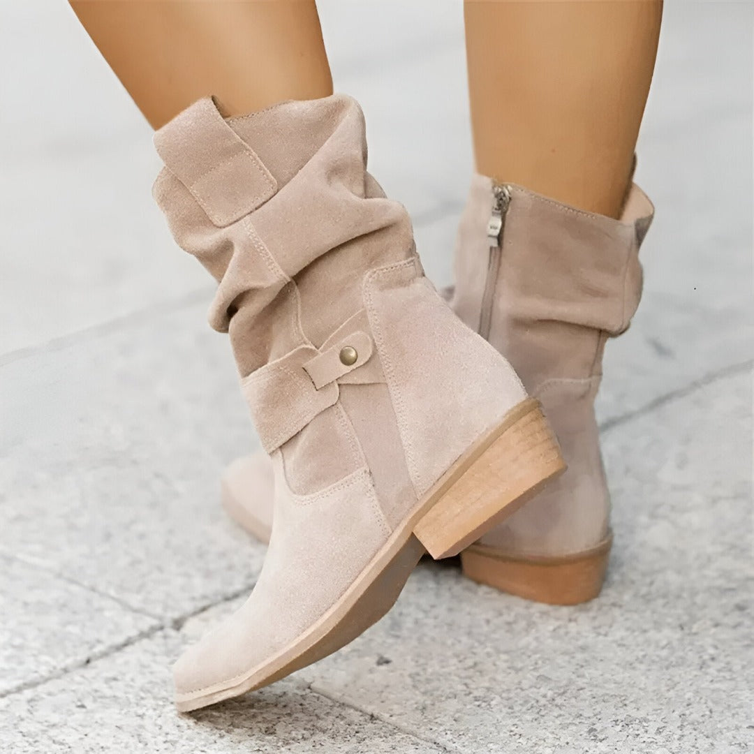 Women's Boots - Suede - Ruched Design - Low Heel - Comfortable and Stylish