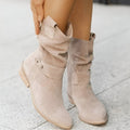 Women's Boots - Suede - Ruched Design - Low Heel - Comfortable and Stylish