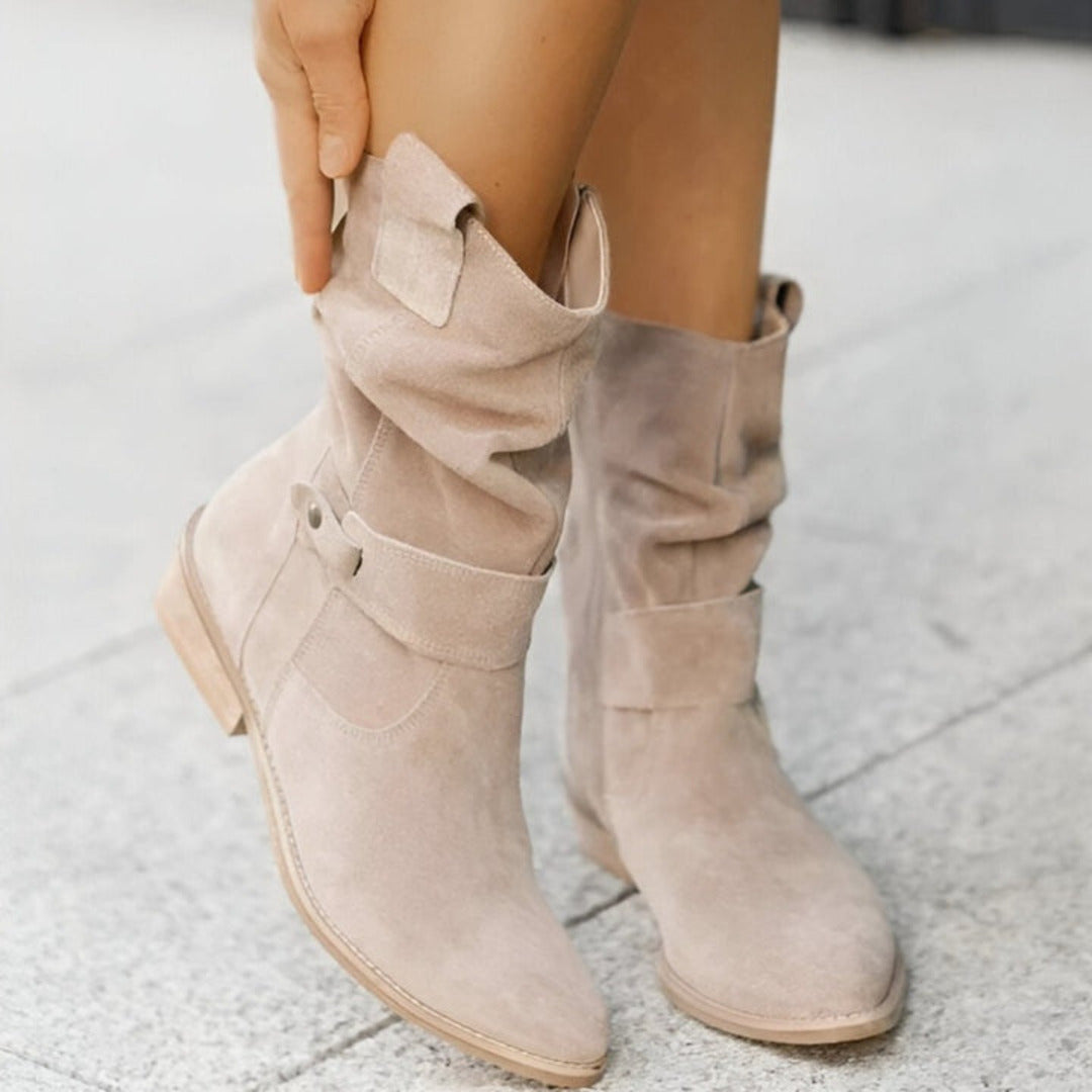 Women's Boots - Suede - Ruched Design - Low Heel - Comfortable and Stylish
