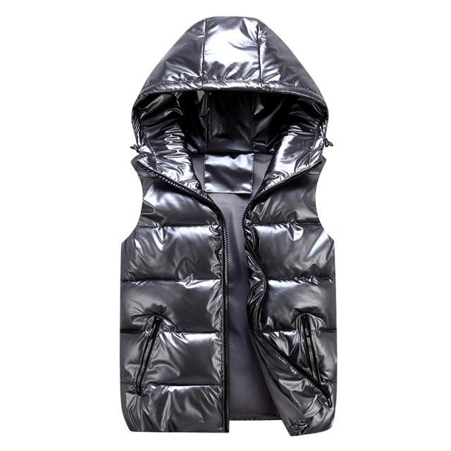 Glossy Wind-Resistant Quilted Hood Puffer Vest