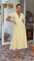 Women's Maxi Dress - V-neck - Buttons - Puff Sleeves - Elegant Long Dress