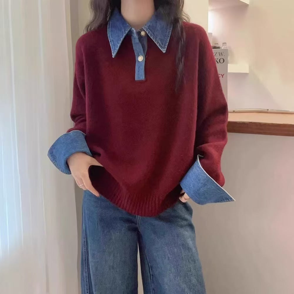 Denim Collar Layered Look Wool Sweater