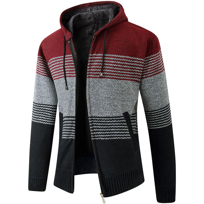 Knitted  Casual Zip Up Stripe Pattern Hoodie