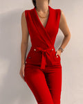 Elegant sleeveless jumpsuit for women - V-neck with wrap-around neckline - Tie belt at the waist