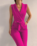 Elegant sleeveless jumpsuit for women - V-neck with wrap-around neckline - Tie belt at the waist
