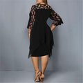 Women's Midi Dress - Layered Design - Asymmetric Hem - 3/4 Sleeves with Cutouts