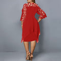 Women's Midi Dress - Layered Design - Asymmetric Hem - 3/4 Sleeves with Cutouts