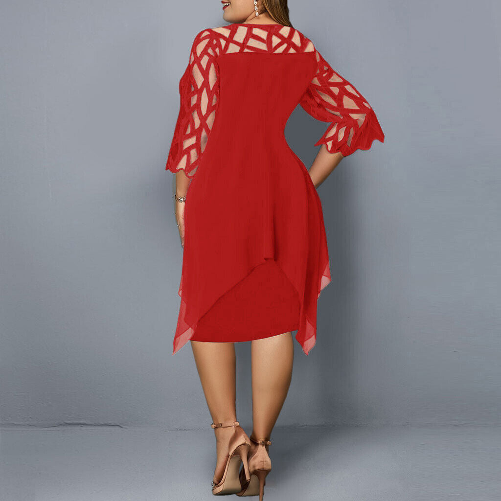 Women's Midi Dress - Layered Design - Asymmetric Hem - 3/4 Sleeves with Cutouts